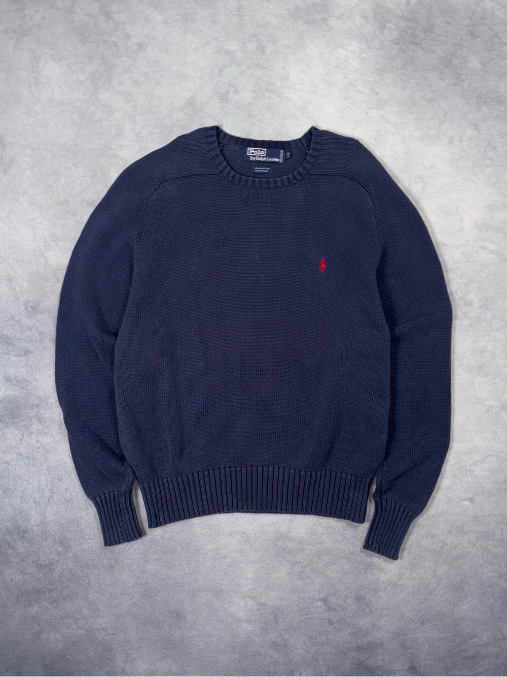 Vintage Polo Ralph Lauren 90s Washed FadedNavy Blue Cotton Knit Crewneck Sweater